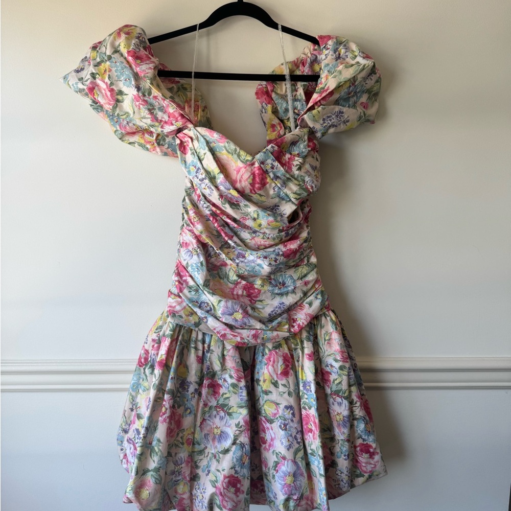 Vintage Floral Ruched Puff Sleeve Bubble Hem Dress
